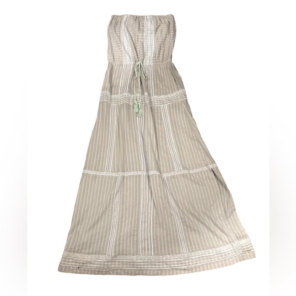 Women's Letarte Handmade Taupe/White Striped Maxi Dress with Lace. Size Large